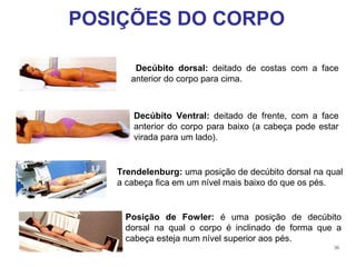 POSIÇÕES DO CORPO
Decúbito dorsal: deitado de costas com a face
anterior do corpo para cima.

Decúbito Ventral: deitado de frente, com a face
anterior do corpo para baixo (a cabeça pode estar
virada para um lado).

Trendelenburg: uma posição de decúbito dorsal na qual
a cabeça fica em um nível mais baixo do que os pés.

Posição de Fowler: é uma posição de decúbito
dorsal na qual o corpo é inclinado de forma que a
cabeça esteja num nível superior aos pés.
36

 