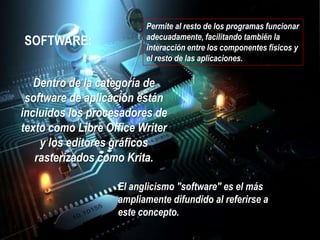 SOFTWARE:

Permite al resto de los programas funcionar
adecuadamente, facilitando también la
interacción entre los componentes físicos y
el resto de las aplicaciones.

Dentro de la categoría de
software de aplicación están
incluidos los procesadores de
texto como Libre Office Writer
y los editores gráficos
rasterizados como Krita.
El anglicismo "software" es el más
ampliamente difundido al referirse a
este concepto.

 