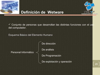20
 Conjunto de personas que desarrollan las distintas funciones con el uso
del computador.
Definición de Wetware
Esquema Básico del Elemento HumanoEsquema Básico del Elemento Humano
Personal Informático
De dirección
De análisis
De Programación
De explotación y operación
 