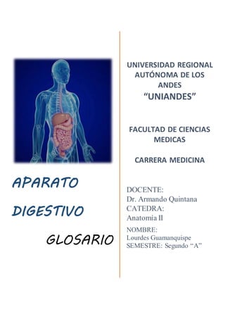 APARATO
DIGESTIVO
GLOSARIO
UNIVERSIDAD REGIONAL
AUTÓNOMA DE LOS
ANDES
“UNIANDES”
FACULTAD DE CIENCIAS
MEDICAS
CARRERA MEDICINA
DOCENTE:
Dr. Armando Quintana
CATEDRA:
Anatomía II
NOMBRE:
Lourdes Guamanquispe
SEMESTRE: Segundo “A”
 