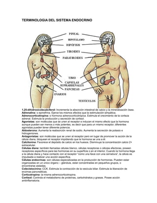 TERMINOLOGIA DEL SISTEMA ENDOCRINO
1,25-dihidroxicolecalciferol: Incrementa la absorción intestinal de calcio y la mineralización ósea.
Adrenalina: o epinefrina. Ejerce los mismos efectos que la estimulación simpática.
Adrenocorticotropina: o hormona adrenocorticotrópica. Estimula el crecimiento de la corteza
adrenal. Estimula la producción y secreción de cortisol.
Agonistas: son moléculas que se unen al receptor e inducen el mismo efecto que la hormona
aunque pueden ser menos o más potentes, es decir que para un mismo receptor, diferentes
agonistas pueden tener diferente potencia.
Aldosterona: Aumenta la reabsorción renal de sodio. Aumenta la secreción de potasio e
hidrogeniones.
Antagonistas: son moléculas que se unen al receptor pero en lugar de promover la acción de la
célula diana, bloquean el receptor impidiendo que la hormona se una a él.
Calcitonina: Favorece el depósito de calcio en los huesos. Disminuye la concentración calcio 2+
extracelular.
Células diana: también llamadas células blanco, células receptoras o células efectoras, poseen
receptores específicos para las hormonas en su superficie o en el interior. Cuando la hormona llega
a la célula diana y hace contacto con el receptor “como una llave con una cerradura“, la célula es
impulsada a realizar una acción específica.
Células endocrinas: son células especializadas en la producción de hormonas. Pueden estar
organizadas en un único órgano – glándula, estar concentradas en pequeños grupos, o
encontrarse aisladas.
Colecistocinina: CCK. Estimula la contracción de la vesícula biliar. Estimula la liberación de
enzimas pancreáticas.
Corticotropina: la misma adrenocorticotropina.
Cortisol: Controla el metabolismo de proteínas, carbohidratos y grasas. Posee acción
antiinflamatoria.
 