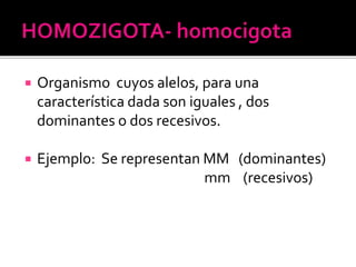  Organismo cuyos alelos, para una
característica dada son iguales , dos
dominantes o dos recesivos.
 Ejemplo: Se representan MM (dominantes)
mm (recesivos)
 