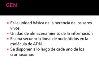  Es la unidad básica de la herencia de los seres
vivos.
 Unidad de almacenamiento de la información
 Es una secuencia lineal de nucleótidos en la
molécula de ADN.
 Se disponen a lo largo de cada uno de los
cromosomas
 