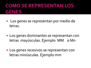  Los genes se representan por medio de
letras.
 Los genes dominantes se representan con
letras mayúsculas. Ejemplo MM o Mn
 Los genes recesivos se representan con
letras minúsculas. Ejemplo mm
 