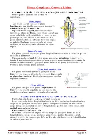 Planos Corpóreos, Cortes e Linhas
   PLANO: SUPERFÍCIE EM LINHA RETA QUE -- UNE DOIS PONTOS
   Quatro planos comuns são usados em
 radiologia:

                    Plano sagital
    Um plano sagital é qualquer plano
 longitudinal que divide o corpo em uma parte
 direita e uma parte esquerda.
   O plano médio-sagital,por vezes chamado
 também de plano mediano, é um plano sagital que
 passa pela linha média dividindo o corpo em duas
 partes iguais, uma direita e uma esquerda.Ela
 passa aproximadamente através da sutura sagital
 do crânio. Qualquer piano paralelo ao plano
 mediano ou mediossagital é chamado de piano
 sagital.

                    Plano Coronal
   Um plano coronal é qualquer plano longitudinal que divida o corpo em partes
 anterior e posterior.
   O plano mediocoronal divide o corpo em partes anteriores e posteriores
 iguais. É denominado plano coronal porque passa aproximadamente através da
 sutura coronal do crânio. Qualquer plano paralelo ao plano médio coronal ou
 frontal é denominado plano coronal.

                             Plano horizontal (axial)
   Um plano horizontal (axial) é qualquer plano
 transverso que passa através do corpo em ângulo reto
 ao plano longitudinal, dividindo o corpo em porções
 superior e inferior.


                      Plano oblíquo
   Um plano oblíquo é um plano longitudinal ou
 transverso que está angulado ou inclinado e não
 paralelo aos planos sagital, coronal ou horizontal.

             CORTE: UMA SUPERFíCIE DE "CORTE" OU "FATIA"
   Cortes longitudinais - sagital, coronal e oblíquo
   Esses cortes são feitos longitudinalmente na direção do eixo longitudinal do
 corpo ou de qualquer uma de suas partes, independentemente da posição do
 corpo (em pé ou deitado).Os cortes longitudinais podem ser feitos nos planos
 sagital, coronal ou oblíquo.
   Cortes transversais ou axiais
   Os cortes são feitos em ângulo reto ao longo de qualquer ponto do eixo
 longitudinal do corpo ou de qualquer uma de suas partes. Imagens sagital,
 coronal e axial: As imagens por TC e de RM são obtidas nessas três incidências
 ou orientações comuns.




Contribuição Profª Renata Cristina                                   Página 4
 