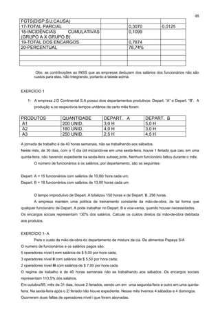 48
FGTS(DISP.S/J.CAUSA)
17-TOTAL PARCIAL                                                0,3070                0,0125
18-INCIDÊNCIAS     CUMULATIVAS                                  0,1099
(GRUPO A X GRUPO B)
19-TOTAL DOS ENCARGOS                                           0,7874
20-PERCENTUAL                                                   78,74%




         Obs: as contribuições ao INSS que as empresas deduzem dos salários dos funcionários não são
        custos para elas, não integrando, portanto a tabela acima.


EXERCÍCIO 1

    1- A empresa J.D Continental S.A possui dois departamentos produtivos: Depart. “A” e Depart. “B”. A
        produção e os respectivos tempos unitários de certo mês foram:


PRODUTOS                 QUANTIDADE               DEPART. A               DEPART. B
A1                       200 UNID.                3,0 H                   5,0 H
A2                       180 UNID.                4,0 H                   3,0 H
A3                       250 UNID.                2,5 H                   4,5 H

A jornada de trabalho é de 40 horas semanais, não se trabalhando aos sábados.
Neste mês, de 30 dias, com o 1º dia útil iniciando-se em uma sexta-feira, houve 1 feriado que caiu em uma
quinta-feira, não havendo expediente na sexta-feira subseqüente. Nenhum funcionário faltou durante o mês.
        O número de funcionários e os salários, por departamento, são os seguintes:


Depart. A = 15 funcionários com salários de 10,00/ hora cada um;
Depart. B = 18 funcionários com salários de 13,00 horas cada um.


        O tempo improdutivo de Depart. A totalizou 150 horas e de Depart. B, 256 horas.
        A empresa mantém uma política de treinamento constante da mão-de-obra, de tal forma que
qualquer funcionário de Depart. A pode trabalhar no Depart. B e vice-versa, quando houver necessidades.
Os encargos sociais representam 130% dos salários. Calcule os custos diretos da mão-de-obra debitada
aos produtos.


EXERCÍCIO 1- A
        Para o custo da mão-de-obra do departamento de mistura da cia. De alimentos Papaya S/A
O numero de funcionários e os salários pagos são:
5 operadores nível I com salários de $ 5,00 por hora cada;
3 operadores nível II com salários de $ 5,50 por hora cada;
2 operadores nível III com salários de $ 7,00 por hora cada.
O regime de trabalho é de 40 horas semanais não se trabalhando aos sábados. Os encargos sociais
representam 113,5% dos salários.
Em outubro/95, mês de 31 dias, houve 2 feriados, sendo um em uma segunda-feira e outro em uma quinta-
feira. Na sexta-feira após o 2º feriado não houve expediente. Nesse mês tivemos 4 sábados e 4 domingos.
Ocorreram duas faltas de operadores nível i que foram abonadas.
 