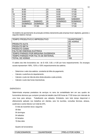 52
  8              8:00                            23         8:00              17:00
  9              8:00                            24         8:00              17:00
  10             8:00                            25         8:00              17:00
  11             8:00                            26         8:00              17:00
  12             8:00                            27         SABADO            SABADO
  13             SABADO          SABADO          28         DOMINGO           DOMINGO
  14             DOMINGO         DOMINGO         29         8:00              17:00
  15             8:00            17:00           30         8:00              17:00


  Os boletins de apontamento de produção emitidos diariamente pela empresa foram digitados, gerando o
  seguinte relatório mensal:

  TEMPO PRODUTIVO E IMPRODUTIVO                                           QUANTIDADE
                                                                          DE HORAS
  PRODUTO ALFA                                                            35
  PRODUTO BETA                                                            62
  PRODUTO GAMA                                                            50
  FALTA DE ENERGIA ELÉTRICA                                               08
  TEMPO PARADO POR MÁQUINA QUEBRADA                                       07
  TEMPO PARADO POR FALTA DE MATERIAL                                      06
  TOTAL DE HORAS                                                          168

  O salário dos três funcionários era de $ 4,50, 3,50, e 4,50 por hora respectivamente. Os encargos
  sociais representam 108%, 123% e 135% respectivamente dos salários.


  -    Determine o valor dos salários constante da folha de pagamento.
  -    Calcule o custo/hora do departamento.
  -    Calcule o custo da mão-de-obra direta alocada a cada produto.
  -    Calcule o custo das horas improdutivas.




EXERCÍCIO 9

  Determinada empresa prestadora de serviços no ramo de contabilidade tem em seu quadro de
  funcionários técnicos que cumprem jornada de trabalho das 8:00 horas às 17:00 horas com intervalo de
  uma hora para almoço.          Trabalhando aos sábados. Entretanto, nem todo tempo disponível é
  efetivamente aplicado nos trabalhos em clientes, pois há reuniões, consultas técnicas, atrasos,
  ausências e outros fatores num total de 25%.
       O mês de novembro teve o seguinte:
       30 dias
       04 domingos
       04 sábados
       03 feriados
       19 dias úteis


       Quadro de funcionários:


       FUNCIONARIOS                   QUANTIDADE                   PREÇO POR HORA
 