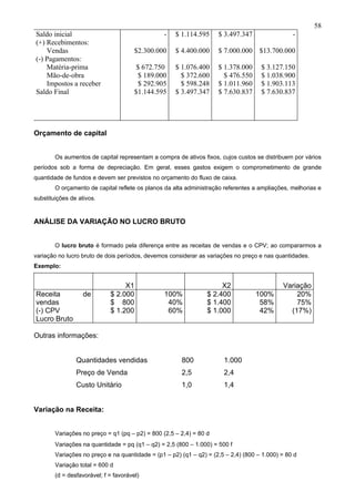 58
Saldo inicial                                    -   $ 1.114.595     $ 3.497.347                 -
(+) Recebimentos:
    Vendas                             $2.300.000    $ 4.400.000     $ 7.000.000 $13.700.000
(-) Pagamentos:
    Matéria-prima                       $ 672.750    $ 1.076.400     $ 1.378.000     $ 3.127.150
    Mão-de-obra                          $ 189.000     $ 372.600       $ 476.550     $ 1.038.900
    Impostos a receber                   $ 292.905     $ 598.248     $ 1.011.960     $ 1.903.113
Saldo Final                            $1.144.595    $ 3.497.347     $ 7.630.837     $ 7.630.837




Orçamento de capital


        Os aumentos de capital representam a compra de ativos fixos, cujos custos se distribuem por vários
períodos sob a forma de depreciação. Em geral, esses gastos exigem o comprometimento de grande
quantidade de fundos e devem ser previstos no orçamento do fluxo de caixa.
        O orçamento de capital reflete os planos da alta administração referentes a ampliações, melhorias e
substituições de ativos.


ANÁLISE DA VARIAÇÃO NO LUCRO BRUTO


        O lucro bruto é formado pela diferença entre as receitas de vendas e o CPV; ao compararmos a
variação no lucro bruto de dois períodos, devemos considerar as variações no preço e nas quantidades.
Exemplo:


                                  X1                                  X2                     Variação
Receita            de        $ 2.000             100%            $ 2.400           100%          20%
vendas                       $ 800                40%            $ 1.400            58%          75%
(-) CPV                      $ 1.200              60%            $ 1.000            42%        (17%)
Lucro Bruto

Outras informações:


                Quantidades vendidas                   800             1.000
                Preço de Venda                         2,5             2,4
                Custo Unitário                         1,0             1,4


Variação na Receita:


        Variações no preço = q1 (pq – p2) = 800 (2,5 – 2,4) = 80 d
        Variações na quantidade = pq (q1 – q2) = 2,5 (800 – 1.000) = 500 f
        Variações no preço e na quantidade = (p1 – p2) (q1 – q2) = (2,5 – 2,4) (800 – 1.000) = 80 d
        Variação total = 600 d
        (d = desfavorável; f = favorável)
 