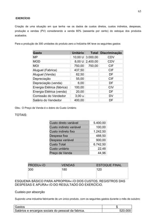 65

EXERCÍCIO


Criação de uma situação em que tenha -se os dados de custos diretos, custos indiretos, despesas,
produção e vendas (PV) considerando a venda 60% (sessenta por cento) do estoque dos produtos
acabados.


Para a produção de 300 unidades do produto zero a Indústria AK teve os seguintes gastos:


              Gasto                            Unitário   Total Discriminação
              MP                               10,00 U 3.000,00      CDV
              MOD                               8,00 U 2,400,00      CDV
              MOI                               750,00 750,00        CIF
              Aluguel (Fabrica)                 437,50               CIF
              Aluguel (Venda)                     62,50               DF
              Depreciação                         55,00              CIF
              Depreciação (venda)                  6,00               DF
              Energia Elétrica (fábrica)        100,00               CIV
              Energia Elétrica (venda)            20,00               DF
              Comissão do Vendedor               3,00 u               DV
              Salário do Vendedor               400,00                DF

Obs.: O Preço de Venda é o dobro do Custo Unitário

TOTAIS:

                            Custo direto variável                5.400,00
                            Custo indireto variável                100,00
                            Custo indireto fixo                  1.242,50
                            Despesa fixa                           488,50
                            Despesa variável                       900,00
                            Custo Total                          6.742,50
                            Custo unitário                          22,48
                            Preço de Venda                          44,96


            PRODUÇÃO                  VENDAS                       ESTOQUE FINAL
            300                       180                          120


ESQUEMA BÁSICO PARA APROPRIAÇÃO DOS CUSTOS, REGISTROS DAS
DESPESAS E APURAÇÃO DO RESULTADO DO EXERCÍCIO.

Custeio por absorção

Supondo uma industria fabricante de um único produto, com os seguintes gastos durante o mês de outubro:


Gastos                                                                             $
Salários e encargos sociais do pessoal da fabrica.                                     520.000
 