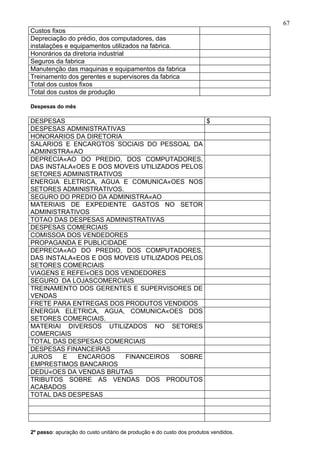 67
Custos fixos
Depreciação do prédio, dos computadores, das
instalações e equipamentos utilizados na fabrica.
Honorários da diretoria industrial
Seguros da fabrica
Manutenção das maquinas e equipamentos da fabrica
Treinamento dos gerentes e supervisores da fabrica
Total dos custos fixos
Total dos custos de produção

Despesas do mês

DESPESAS                                      $
DESPESAS ADMINISTRATIVAS
HONORARIOS DA DIRETORIA
SALARIOS E ENCARGTOS SOCIAIS DO PESSOAL DA
ADMINISTRAÇAO
DEPRECIAÇAO DO PREDIO, DOS COMPUTADORES,
DAS INSTALAÇOES E DOS MOVEIS UTILIZADOS PELOS
SETORES ADMINISTRATIVOS
ENERGIA ELETRICA, AGUA E COMUNICAÇOES NOS
SETORES ADMINISTRATIVOS.
SEGURO DO PREDIO DA ADMINISTRAÇAO
MATERIAIS DE EXPEDIENTE GASTOS NO SETOR
ADMINISTRATIVOS
TOTAO DAS DESPESAS ADMINISTRATIVAS
DESPESAS COMERCIAIS
COMISSOA DOS VENDEDORES
PROPAGANDA E PUBLICIDADE
DEPRECIAÇAO DO PREDIO, DOS COMPUTADORES,
DAS INSTALAÇEOS E DOS MOVEIS UTILIZADOS PELOS
SETORES COMERCIAIS
VIAGENS E REFEIÇOES DOS VENDEDORES
SEGURO DA LOJASCOMERCIAIS
TREINAMENTO DOS GERENTES E SUPERVISORES DE
VENDAS
FRETE PARA ENTREGAS DOS PRODUTOS VENDIDOS
ENERGIA ELETRICA, AGUA, COMUNICAÇOES DOS
SETORES COMERCIAIS.
MATERIAI DIVERSOS UTILIZADOS NO SETORES
COMERCIAIS
TOTAL DAS DESPESAS COMERCIAIS
DESPESAS FINANCEIRAS
JUROS    E  ENCARGOS     FINANCEIROS   SOBRE
EMPRESTIMOS BANCARIOS
DEDUÇOES DA VENDAS BRUTAS
TRIBUTOS SOBRE AS VENDAS DOS PRODUTOS
ACABADOS
TOTAL DAS DESPESAS




2º passo: apuração do custo unitário de produção e do custo dos produtos vendidos.
 