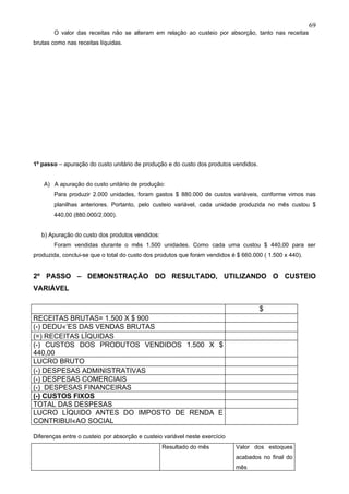 69
        O valor das receitas não se alteram em relação ao custeio por absorção, tanto nas receitas
brutas como nas receitas líquidas.




1º passo – apuração do custo unitário de produção e do custo dos produtos vendidos.


    A) A apuração do custo unitário de produção:
        Para produzir 2.000 unidades, foram gastos $ 880.000 de custos variáveis, conforme vimos nas
        planilhas anteriores. Portanto, pelo custeio variável, cada unidade produzida no mês custou $
        440,00 (880.000/2.000).


   b) Apuração do custo dos produtos vendidos:
        Foram vendidas durante o mês 1.500 unidades. Como cada uma custou $ 440,00 para ser
produzida, conclui-se que o total do custo dos produtos que foram vendidos é $ 660.000 ( 1.500 x 440).


2º PASSO – DEMONSTRAÇÃO DO RESULTADO, UTILIZANDO O CUSTEIO
VARIÁVEL

                                                                                      $
RECEITAS BRUTAS= 1.500 X $ 900
(-) DEDUÇÕES DAS VENDAS BRUTAS
(=) RECEITAS LÍQUIDAS
(-) CUSTOS DOS PRODUTOS VENDIDOS 1.500 X $
440,00
LUCRO BRUTO
(-) DESPESAS ADMINISTRATIVAS
(-) DESPESAS COMERCIAIS
(-) DESPESAS FINANCEIRAS
(-) CUSTOS FIXOS
TOTAL DAS DESPESAS
LUCRO LÍQUIDO ANTES DO IMPOSTO DE RENDA E
CONTRIBUIÇAO SOCIAL

Diferenças entre o custeio por absorção e custeio variável neste exercício
                                                 Resultado do mês            Valor dos estoques
                                                                             acabados no final do
                                                                             mês
 