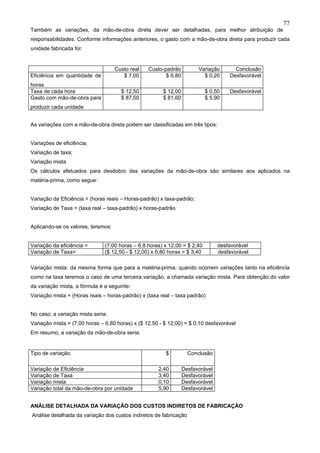 77
Também as variações, da mão-de-obra direta dever ser detalhadas, para melhor atribuição de
responsabilidades. Conforme informações anteriores, o gasto com a mão-de-obra direta para produzir cada
unidade fabricada foi:


                                    Custo real   Custo-padrão          Variação       Conclusão
Eficiência em quantidade de            $ 7,00           $ 6,80           $ 0,20     Desfavorável
horas
Taxa de cada hora                     $ 12,50          $ 12,00             $ 0,50   Desfavorável
Gasto com mão-de-obra para            $ 87,50          $ 81,60             $ 5,90
produzir cada unidade


As variações com a mão-de-obra direta podem ser classificadas em três tipos:


Variações de eficiência;
Variação de taxa;
Variação mista
Os cálculos efetuados para desdobro das variações da mão-de-obra são similares aos aplicados na
matéria-prima, como segue:


Variação da Eficiência = (horas reais – Horas-padrão) x taxa-padrão;
Variação de Taxa = (taxa real – taxa-padrão) x horas-padrão


Aplicando-se os valores, teremos:


Variação da eficiência =       (7,00 horas – 6,8 horas) x 12,00 = $ 2,40        desfavorável
Variação de Taxa=              ($ 12,50 - $ 12,00) x 6,80 horas = $ 3,40        desfavorável

Variação mista: da mesma forma que para a matéria-prima, quando ocorrem variações tanto na eficiência
como na taxa teremos o caso de uma terceira variação, a chamada variação mista. Para obtenção do valor
da variação mista, a fórmula é a seguinte:
Variação mista = (Horas reais – horas-padrão) x (taxa real – taxa padrão)


No caso, a variação mista seria:
Variação mista = (7,00 horas – 6,80 horas) x ($ 12,50 - $ 12,00) = $ 0,10 desfavorável
Em resumo, a variação da mão-de-obra seria:


Tipo de variação                                        $          Conclusão

Variação de Eficiência                               2,40        Desfavorável
Variação de Taxa                                     3,40        Desfavorável
Variação mista                                       0,10        Desfavorável
Variação total da mão-de-obra por unidade            5,90        Desfavorável


ANÁLISE DETALHADA DA VARIAÇÃO DOS CUSTOS INDIRETOS DE FABRICAÇÃO
Análise detalhada da variação dos custos indiretos de fabricação
 