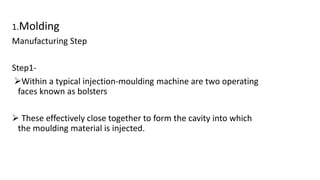 1.Molding
Manufacturing Step
Step1-
Within a typical injection-moulding machine are two operating
faces known as bolsters
 These effectively close together to form the cavity into which
the moulding material is injected.
 