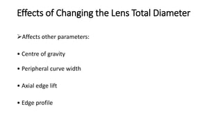 Effects of Changing the Lens Total Diameter
Affects other parameters:
• Centre of gravity
• Peripheral curve width
• Axial edge lift
• Edge profile
 
