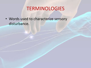TERMINOLOGIES
• Words used to characterize sensory
  disturbance.
 