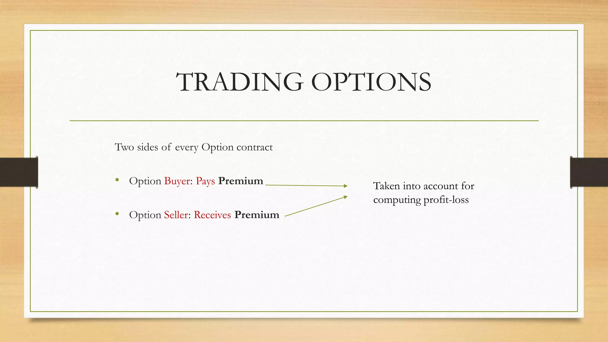 TRADING OPTIONS
Two sides of every Option contract
• Option Buyer: Pays Premium
• Option Seller: Receives Premium
Taken into account for
computing profit-loss
 