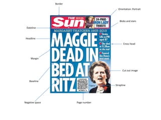 Border

Orientation: Portrait

Blobs and stars
Dateline

Headline
Cross head

Margin

Cut out image

Baseline
Strapline

Negative space

Page number

 