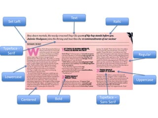 Text
Italic
Bold
Typeface -
Serif
Typeface –
Sans Serif
Regular
Uppercase
Lowercase
Set Left
Centered
 