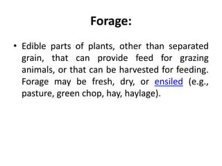 Forage:
• Edible parts of plants, other than separated
grain, that can provide feed for grazing
animals, or that can be harvested for feeding.
Forage may be fresh, dry, or ensiled (e.g.,
pasture, green chop, hay, haylage).
 
