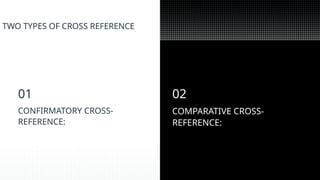 TWO TYPES OF CROSS REFERENCE
CONFIRMATORY CROSS-
REFERENCE:
01 02
COMPARATIVE CROSS-
REFERENCE:
 