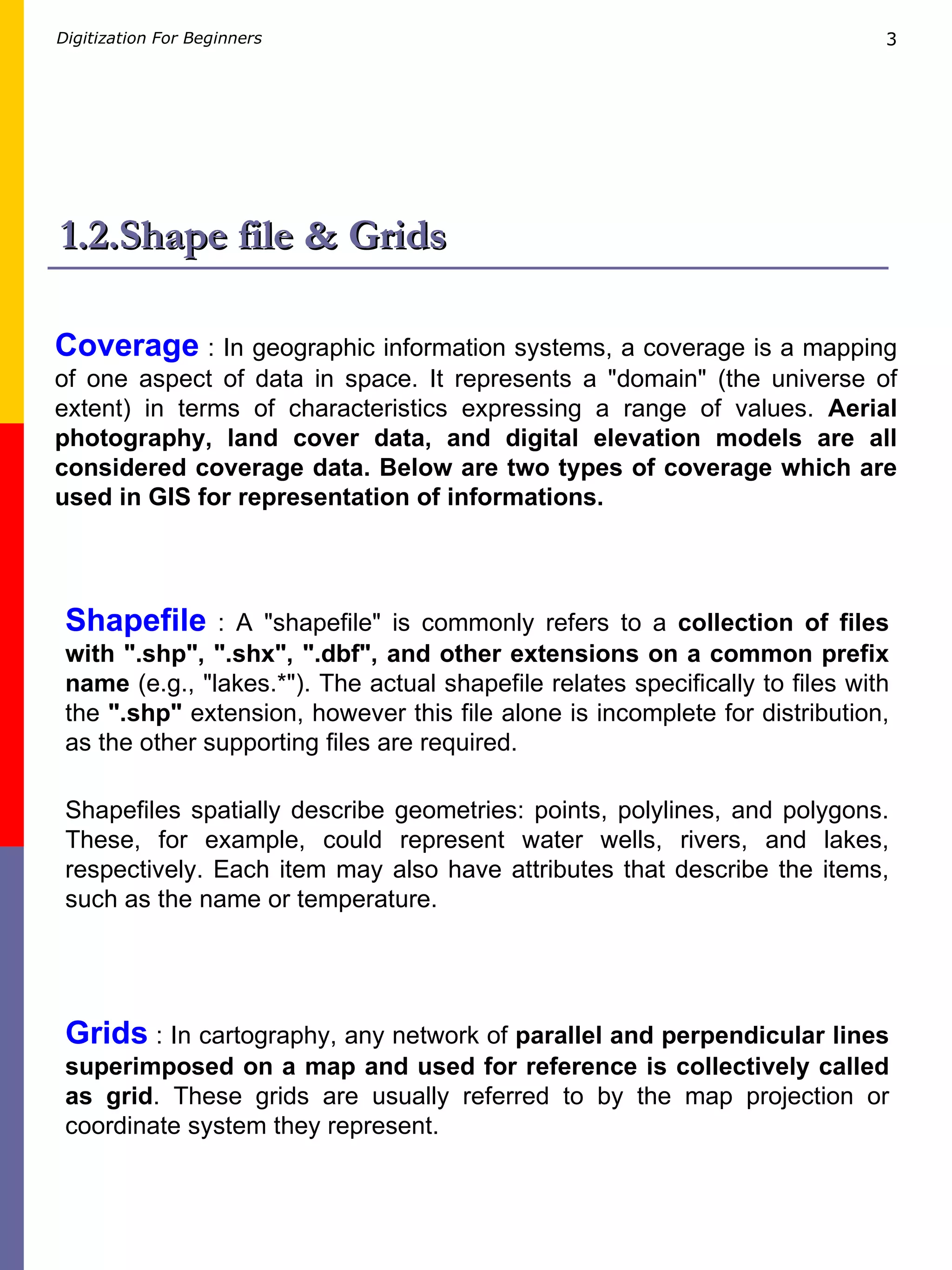 1.2.Shape file & Grids Shapefile  : A &quot;shapefile&quot; is commonly refers to a  collection of files with &quot;.shp&quot;, &quot;.shx&quot;, &quot;.dbf&quot;, and other extensions on a common prefix name  (e.g., &quot;lakes.*&quot;). The actual shapefile relates specifically to files with the  &quot;.shp&quot;  extension, however this file alone is incomplete for distribution, as the other supporting files are required.  Shapefiles spatially describe geometries: points, polylines, and polygons. These, for example, could represent water wells, rivers, and lakes, respectively. Each item may also have attributes that describe the items, such as the name or temperature. Grids  : In cartography, any network of  parallel and perpendicular lines superimposed on a map and used for reference is collectively called as grid . These grids are usually referred to by the map projection or coordinate system they represent.   Coverage  : In geographic information systems, a coverage is a mapping of one aspect of data in space. It represents a &quot;domain&quot; (the universe of extent) in terms of characteristics expressing a range of values.  Aerial photography, land cover data, and digital elevation models are all considered coverage data. Below are two types of coverage which are used in GIS for representation of informations. 