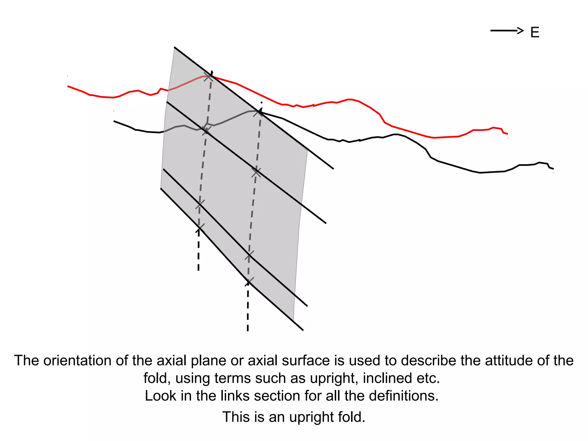 ✕
✕
✕
✕
✕
✕
✕
✕
✕
✕
✕
✕
The orientation of the axial plane or axial surface is used to describe the attitude of the
fold, using terms such as upright, inclined etc.
Look in the links section for all the definitions.
E
This is an upright fold.
 
