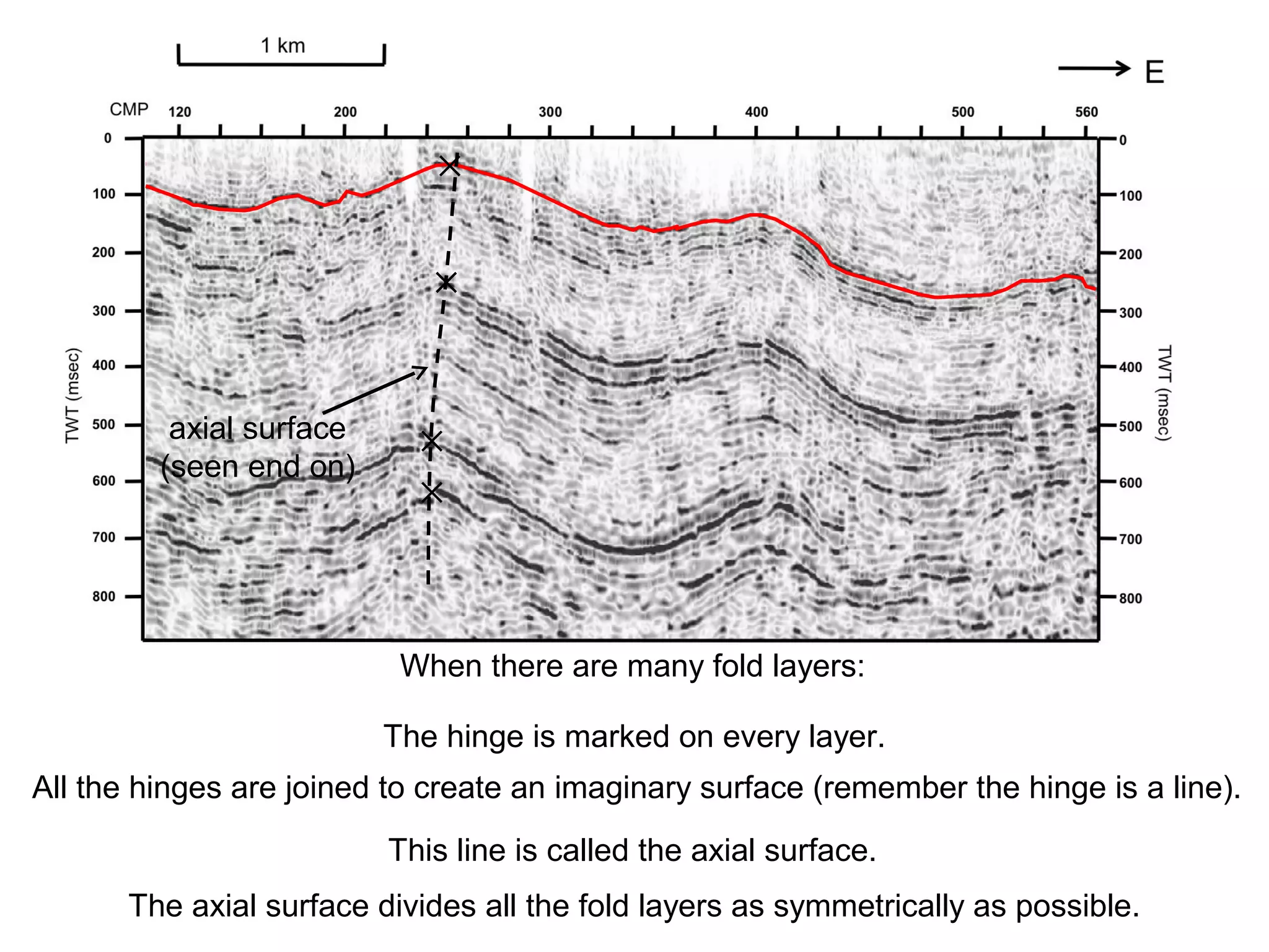 When there are many fold layers:
The hinge is marked on every layer.
✕
✕
✕
✕
All the hinges are joined to create an imaginary surface (remember the hinge is a line).
This line is called the axial surface.
axial surface
(seen end on)
The axial surface divides all the fold layers as symmetrically as possible.
 