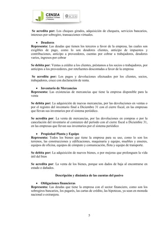 5
Se acredita por: Los cheques girados, adquisición de chequera, servicios bancarios,
intereses por sobregiro, transacciones virtuales.
• Deudores
Representa: Las deudas que tienen los terceros a favor de la empresa, las cuales son
exigibles de pago, como lo son deudores clientes, anticipo de impuestos y
contribuciones, anticipo a proveedores, cuentas por cobrar a trabajadores, deudores
varios, ingresos por cobrar
Se debita por: Ventas a crédito a los clientes, préstamos a los socios o trabajadores, por
anticipos a los proveedores, por retefuentes descontadas a favor de la empresa
Se acredita por: Los pagos y devoluciones efectuados por los clientes, socios,
trabajadores, cruce con declaración de renta.
• Inventario de Mercancías
Representa: Las existencias de mercancías que tiene la empresa disponible para la
venta
Se debita por: La adquisición de nuevas mercancías, por las devoluciones en ventas o
por el registro del inventario final a Diciembre 31 con el cierre fiscal, en las empresas
que llevan sus inventarios por el sistema periódico.
Se acredita por: La venta de mercancías, por las devoluciones en compras o por la
cancelación del inventario al comienzo del período con el cierre fiscal a Diciembre 31,
en las empresas que llevan sus inventarios por el sistema periódico
• Propiedad Planta y Equipo
Representa: Todos los bienes que tiene la empresa para su uso, como lo son los
terrenos, las construcciones y edificaciones, maquinaria y equipo, muebles y enseres,
equipos de oficina, equipos de cómputo y comunicación, flota y equipo de transporte.
Se debita por: La adquisición de nuevos bienes, o por mejoras que prolonguen la vida
útil del bien
Se acredita por: La venta de los bienes, porque son dados de baja al encontrarse en
estado o dañados.
Descripción y dinámica de las cuentas del pasivo
• Obligaciones financieras
Representa: Las deudas que tiene la empresa con el sector financiero, como son los
sobregiros bancarios, los pagarés, las cartas de crédito, las hipotecas, ya sean en moneda
nacional o extranjera.
 