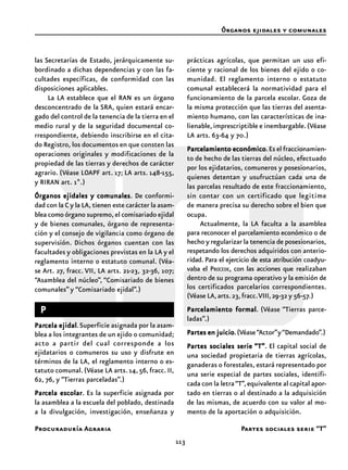 113
Procuraduría Agraria
las Secretarías de Estado, jerárquicamente su-
bordinado a dichas dependencias y con las fa-
cultades específicas, de conformidad con las
disposiciones aplicables.
La LA establece que el RAN es un órgano
desconcentrado de la SRA, quien estará encar-
gado del control de la tenencia de la tierra en el
medio rural y de la seguridad documental co-
rrespondiente, debiendo inscribirse en el cita-
do Registro, los documentos en que consten las
operaciones originales y modificaciones de la
propiedad de las tierras y derechos de carácter
agrario. (Véase LOAPF art. 17; LA arts. 148-155,
y RIRAN art. 1º.)
Órganos ejidales y comunalesÓrganos ejidales y comunalesÓrganos ejidales y comunalesÓrganos ejidales y comunalesÓrganos ejidales y comunales. De conformi-
dad con la C y la LA, tienen este carácter la asam-
blea como órgano supremo, el comisariado ejidal
y de bienes comunales, órgano de representa-
ción y el consejo de vigilancia como órgano de
supervisión. Dichos órganos cuentan con las
facultades y obligaciones previstas en la LA y el
reglamento interno o estatuto comunal. (Véa-
se Art. 27, fracc. VII, LA arts. 21-23, 32-36, 107;
“Asamblea del núcleo”, “Comisariado de bienes
comunales” y “Comisariado ejidal”.)
PPPPP
ParParParParParcela ejidalcela ejidalcela ejidalcela ejidalcela ejidal.Superficie asignada por la asam-
blea a los integrantes de un ejido o comunidad;
acto a partir del cual corresponde a los
ejidatarios o comuneros su uso y disfrute en
términos de la LA, el reglamento interno o es-
tatuto comunal.(Véase LA arts. 14,56,fracc. II,
62, 76, y “Tierras parceladas”.)
ParParParParParcela escolarcela escolarcela escolarcela escolarcela escolar. Es la superficie asignada por
la asamblea a la escuela del poblado, destinada
a la divulgación, investigación, enseñanza y
prácticas agrícolas, que permitan un uso efi-
ciente y racional de los bienes del ejido o co-
munidad. El reglamento interno o estatuto
comunal establecerá la normatividad para el
funcionamiento de la parcela escolar. Goza de
la misma protección que las tierras del asenta-
miento humano, con las características de ina-
lienable,imprescriptible e inembargable.(Véase
LA arts. 63-64 y 70.)
ParParParParParcelamiento económicocelamiento económicocelamiento económicocelamiento económicocelamiento económico.Es el fraccionamien-
to de hecho de las tierras del núcleo, efectuado
por los ejidatarios, comuneros y posesionarios,
quienes detentan y usufructúan cada una de
las parcelas resultado de este fraccionamiento,
sin contar con un certificado que legitime
de manera precisa su derecho sobre el bien que
ocupa.
Actualmente, la LA faculta a la asamblea
para reconocer el parcelamiento económico o de
hecho y regularizar la tenencia de posesionarios,
respetando los derechos adquiridos con anterio-
ridad. Para el ejercicio de esta atribución coadyu-
vaba el PROCEDE, con las acciones que realizaban
dentro de su programa operativo y la emisión de
los certificados parcelarios correspondientes.
(Véase LA,arts.23,fracc.VIII,29-32 y 56-57.)
ParParParParParcelamiento formalcelamiento formalcelamiento formalcelamiento formalcelamiento formal. (Véase “Tierras parce-
ladas”.)
Partes en juicioPartes en juicioPartes en juicioPartes en juicioPartes en juicio.(Véase“Actor”y“Demandado”.)
Partes sociales seriePartes sociales seriePartes sociales seriePartes sociales seriePartes sociales serie “T”“T”“T”“T”“T”. El capital social de
una sociedad propietaria de tierras agrícolas,
ganaderas o forestales, estará representado por
una serie especial de partes sociales, identifi-
cada con la letra“T”,equivalente al capital apor-
tado en tierras o al destinado a la adquisición
de las mismas, de acuerdo con su valor al mo-
mento de la aportación o adquisición.
Órganos ejidales y comunales
Partes sociales serie “T”
 
