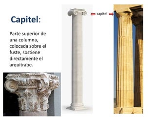 Capitel:
Parte superior de
una columna,
colocada sobre el
fuste, sostiene
directamente el
arquitrabe.
capitel
 