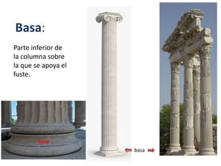 Basa:
Parte inferior de
la columna sobre
la que se apoya el
fuste.
basa
basa
 