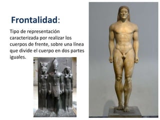 Frontalidad:
Tipo de representación
caracterizada por realizar los
cuerpos de frente, sobre una línea
que divide el cuerpo en dos partes
iguales.
 