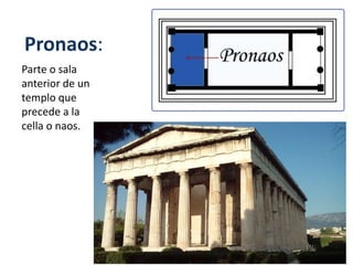 Pronaos:
Parte o sala
anterior de un
templo que
precede a la
cella o naos.
 