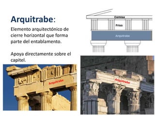 Arquitrabe:
Elemento arquitectónico de
cierre horizontal que forma
parte del entablamento.
Apoya directamente sobre el
capitel.
 
