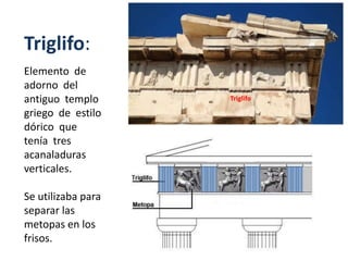 Triglifo:
Elemento de
adorno del
antiguo templo
griego de estilo
dórico que
tenía tres
acanaladuras
verticales.
Se utilizaba para
separar las
metopas en los
frisos.
Triglifo
 