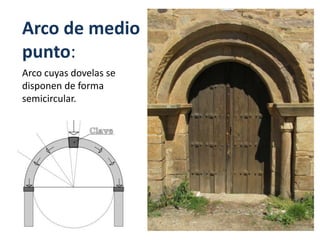 Arco de medio
punto:
Arco cuyas dovelas se
disponen de forma
semicircular.
 
