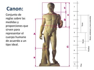 Canon:
Conjunto de
reglas sobre las
medidas y
proporciones que
sirven para
representar el
cuerpo humano
de acuerdo a un
tipo ideal.
 