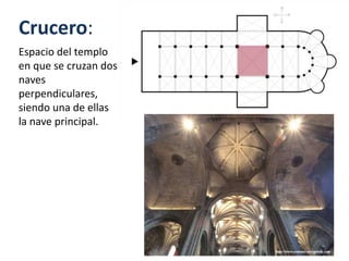 Crucero:
Espacio del templo
en que se cruzan dos
naves
perpendiculares,
siendo una de ellas
la nave principal.
 