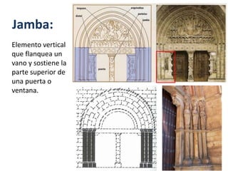 Jamba:
Elemento vertical
que flanquea un
vano y sostiene la
parte superior de
una puerta o
ventana.
 
