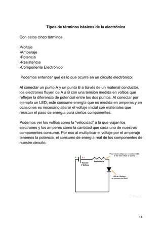 Tipos de términos básicos de la electrónica
Con estos cinco términos
•Voltaje
•Amperaje
•Potencia
•Resistencia
•Componente Electrónico
Podemos entender qué es lo que ocurre en un circuito electrónico:
Al conectar un punto A y un punto B a través de un material conductor,
los electrones fluyen de A a B con una tensión medida en voltios que
reflejan la diferencia de potencial entre los dos puntos. Al conectar por
ejemplo un LED, este consume energía que es medida en amperes y en
ocasiones es necesario alterar el voltaje inicial con materiales que
resistan el paso de energía para ciertos componentes.
Podemos ver los voltios como la “velocidad” a la que viajan los
electrones y los amperes como la cantidad que cada uno de nuestros
componentes consume. Por eso al multiplicar el voltaje por el amperaje
tenemos la potencia, el consumo de energía real de los componentes de
nuestro circuito.
14
 