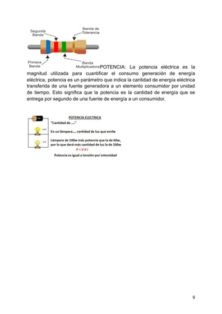 POTENCIA: La potencia eléctrica es la
magnitud utilizada para cuantificar el consumo generación de energía
eléctrica, potencia es un parámetro que indica la cantidad de energía eléctrica
transferida de una fuente generadora a un elemento consumidor por unidad
de tiempo. Esto significa que la potencia es la cantidad de energía que se
entrega por segundo de una fuente de energía a un consumidor.
9
 