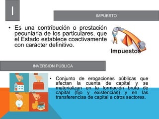 IMPUESTO
INVERSION PÚBLICA
• Es una contribución o prestación
pecuniaria de los particulares, que
el Estado establece coactivamente
con carácter definitivo.
• Conjunto de erogaciones públicas que
afectan la cuenta de capital y se
materializan en la formación bruta de
capital (fijo y existencias) y en las
transferencias de capital a otros sectores.
 
