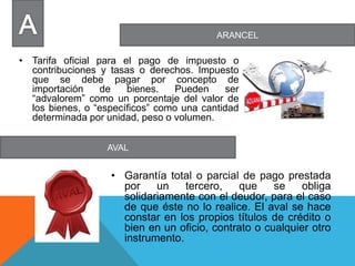 ARANCEL
AVAL
• Tarifa oficial para el pago de impuesto o
contribuciones y tasas o derechos. Impuesto
que se debe pagar por concepto de
importación de bienes. Pueden ser
“advalorem” como un porcentaje del valor de
los bienes, o “específicos” como una cantidad
determinada por unidad, peso o volumen.
• Garantía total o parcial de pago prestada
por un tercero, que se obliga
solidariamente con el deudor, para el caso
de que éste no lo realice. El aval se hace
constar en los propios títulos de crédito o
bien en un oficio, contrato o cualquier otro
instrumento.
 