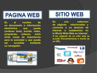 Es
el
nombre
de
un documento o información
electrónica
que
puede
contener texto, sonido, vídeo,
programas,
enlaces,
entre
otras cosas de importancia
para la sociedad y que puede
ser
accedida
mediante
un navegador.

Es
una
colección
de páginas
relacionadas y
comunes a un dominio de
Internet o subdominio en
la World Wide Web en Internet
A las páginas de un sitio web se
accede frecuentemente a través de
un URL.

 