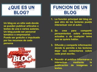 Un blog es un sitio web donde
se pueden publicar artículos o
textos de una o varios autores.
Un blog puede ser personal
temático o empresarial.
Puede ser gratuito o impulsado
por los recursos de cada
persona

1. La función principal del blog es
que otro de los lectores pueda
interactuar con el autor.
2. Se
crea
para
compartir
pensamientos sobre eventos
actuales o de cualquier tema
que se quiera hablar.
3. Difunde y comparte información
donde le permite a los lectores
dejar sus comentarios sobre
cada post escrito.

4. Permitir al publico informarse e
interactuar
mediante
la
publicación de imágenes o
textos.

 