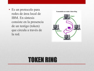 TOKEN RING
• Es un protocolo para
redes de área local de
IBM. En síntesis
consiste en la presencia
de un testigo (token)
que circula a través de
la red.
 
