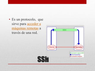 SSH
• Es un protocolo, que
sirve para acceder a
máquinas remotas a
través de una red.
 