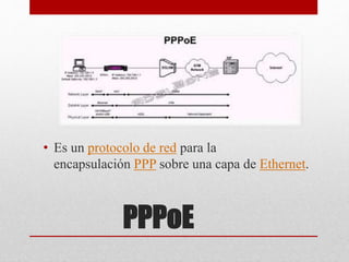 PPPoE
• Es un protocolo de red para la
encapsulación PPP sobre una capa de Ethernet.
 