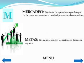 MERCADEO: Conjunto de operaciones por las que
ha de pasar una mercancía desde el productor al consumidor.
METAS: Fin a que se dirigen las acciones o deseos de
alguien
MENU
 