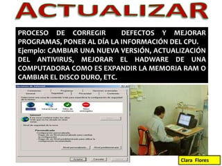 ACTUALIZARPROCESO DE CORREGIR  DEFECTOS Y MEJORAR  PROGRAMAS, PONER AL DÍA LA INFORMACIÓN DEL CPU.Ejemplo: CAMBIAR UNA NUEVA VERSIÓN, ACTUALIZACIÓN DEL ANTIVIRUS, MEJORAR EL HADWARE DE UNA COMPUTADORA COMO ES EXPANDIR LA MEMORIA RAM O CAMBIAR EL DISCO DURO, ETC.Clara  Flores